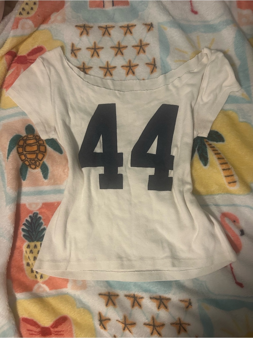 Brandy Melville cut neck White Women's Graphic Off-Shoulder Top with Navy '44'